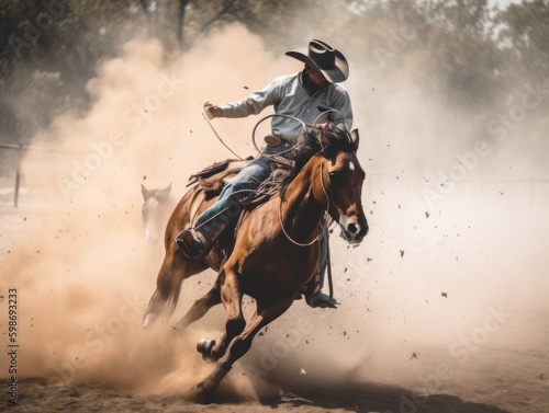Print op canvas A man in a cowboy hat riding a horse. AI generative image.