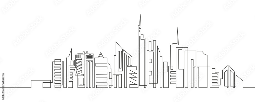 Fototapeta premium Continuous line drawing of house, residential building concept. Panoramic landscape of metropolis architecture, skyscrapers.