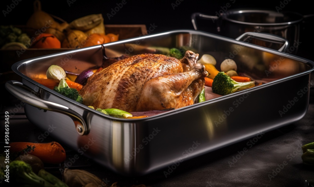 Fototapeta premium a turkey in a roasting pan on a table with vegetables. generative ai