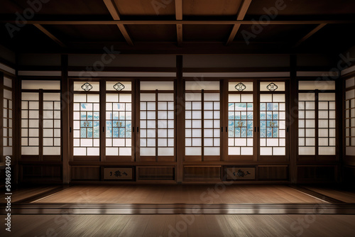 Engawa house  Japanese style. Empty room with wooden floors and windows. AI generative.An empty room with wooden floors and windows. AI generative.