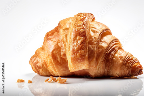 A close up of a croissant on a white surface. AI generative.