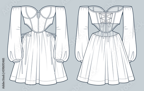Off Shoulder Dress witch Corset technical fashion Illustration. Bustier mini Dress fashion flat technical drawing template, long sleeve, lace-up,cutout, front and back view, white, women CAD mockup.