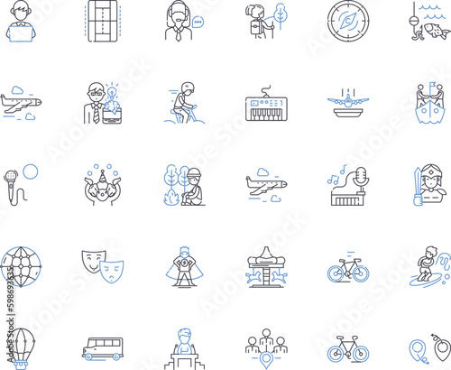 Vigorous athletic activities line icons collection. Running, Climbing, Jumping, Swimming, Biking, Hiking, Kayaking vector and linear illustration. Scuba,Surfing,Skateboarding outline Generative AI