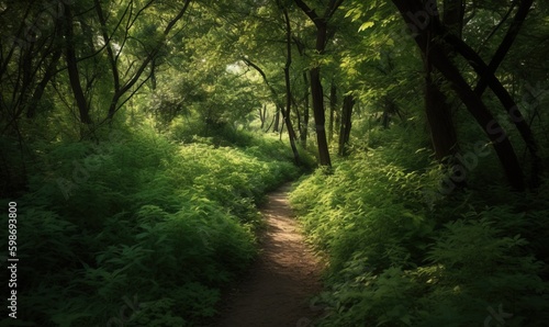  a path through a lush green forest with lots of trees. generative ai