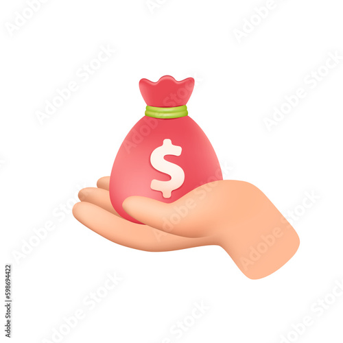 Hand holding small red money bag 3D illustration. Cartoon drawing of human hand holding sack with dollar sign in 3D style on white background. Finances, business, income, success concept Generative AI