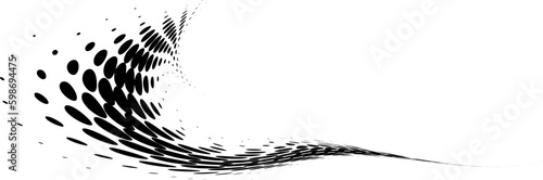 Swirling halftone polka dot and petal border. Radially expanding balls. Vector.