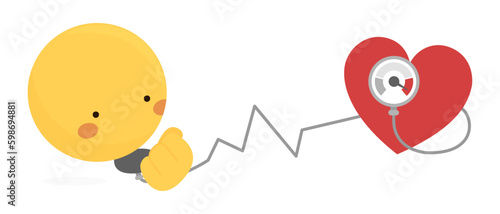 Cardiologist Yellow emoji, with a big heart, measuring blood pressure with a sphygmomanometer. Cute vector illustration of high blood pressure on World Hypertension Day. Cariovascular disease