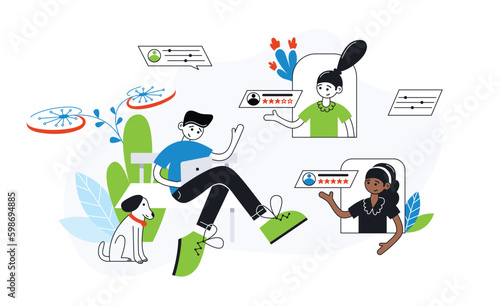 Feedback illustration set. Characters filling survey form, giving positive feedback and filing checklist on smartphone and computer. User experiences concept. Vector illustration.