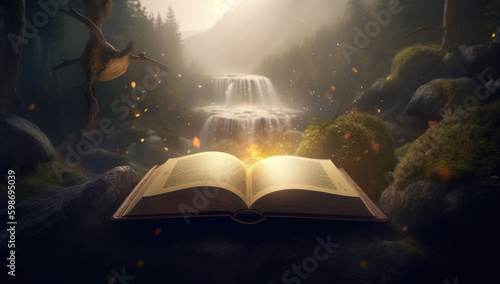 Concept of reading. Opened magic book. Generative AI