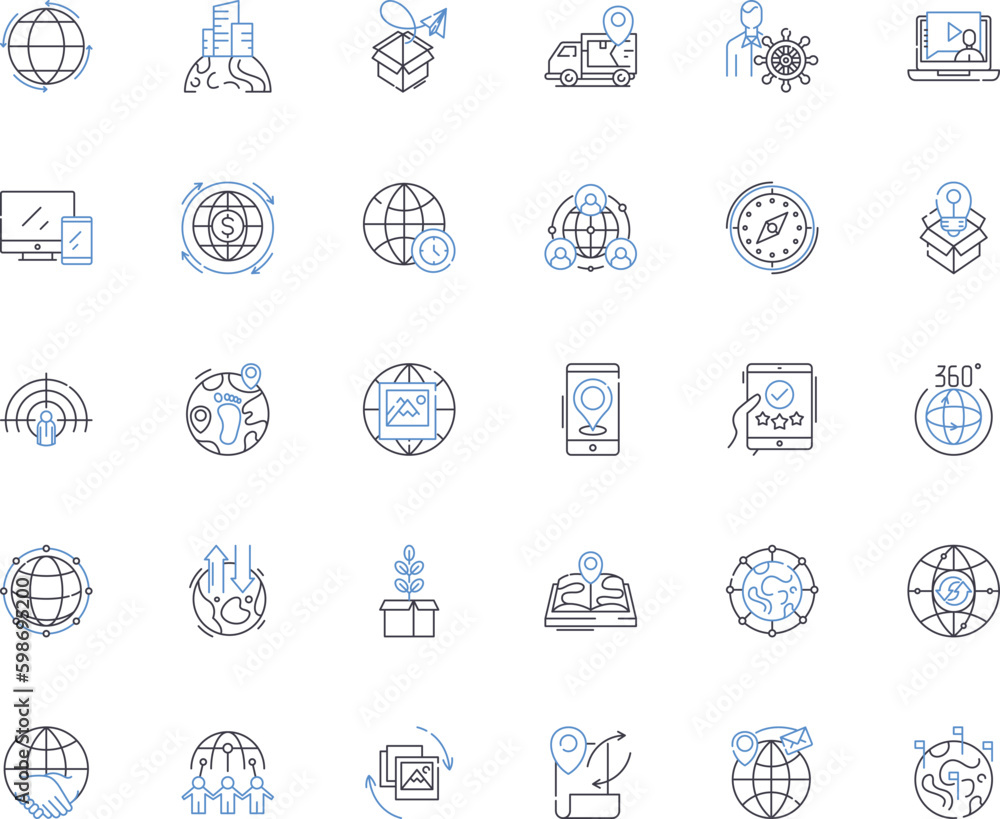Topography line icons collection. Elevation, Contour, Altitude, Slope, Hill, Valley, Ridge vector and linear illustration. Plateau,Cliff,Mountain outline signs set Generative AI