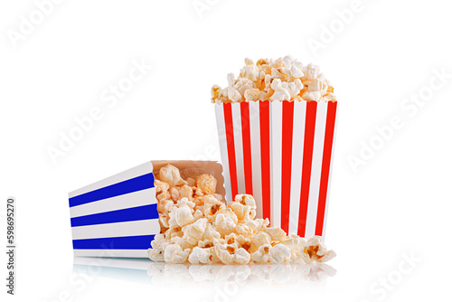 Glass with popcorn on a white background