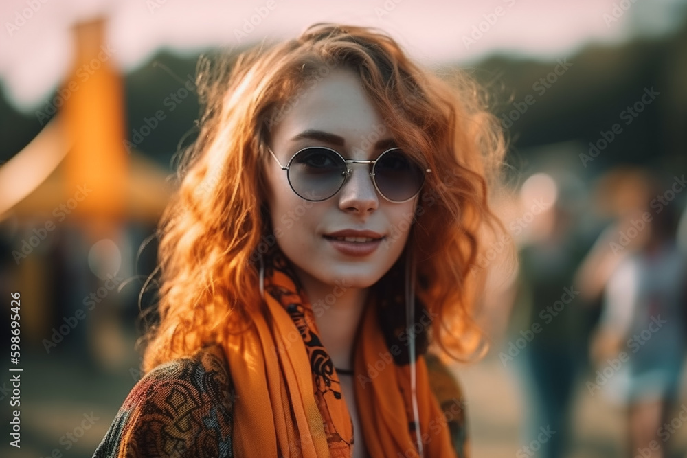 A woman wearing sunglasses and a scarf smiles at the camera. generative ai A woman wearing sunglasses and a scarf smiles at the camera. generative ai