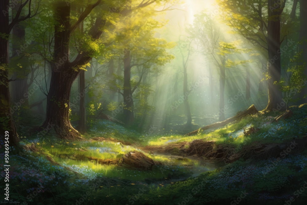 Obraz premium sun rays in the forest by Generative AI