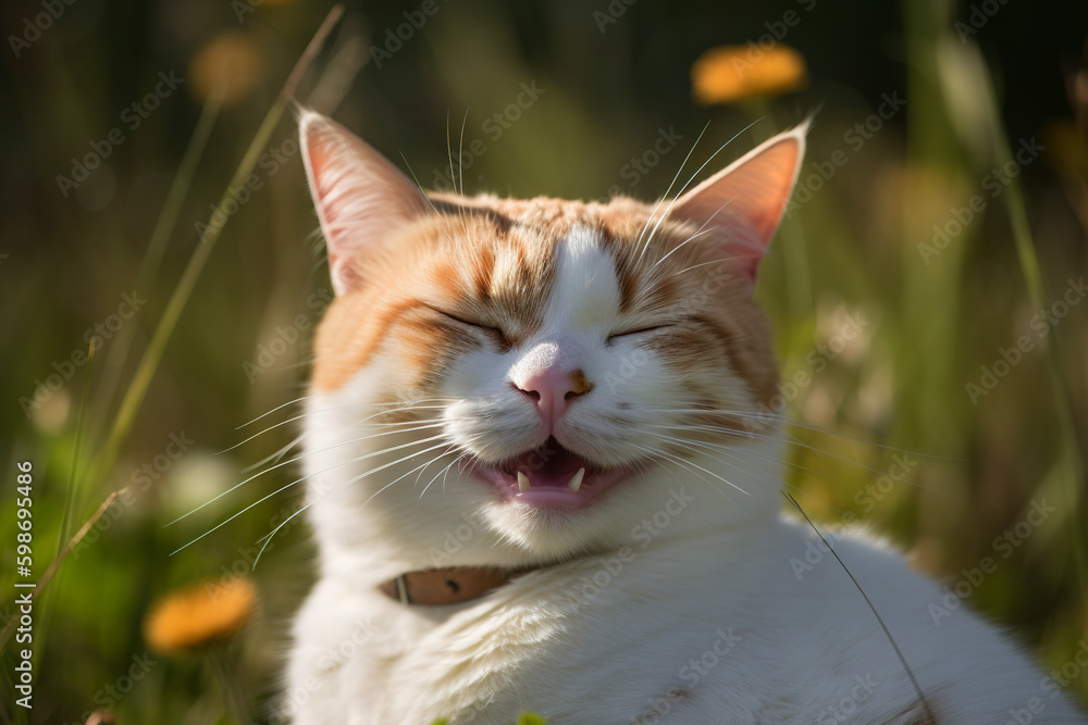 Fototapeta premium Funny cat laughing. Happy and kind relaxed kitten face with happy satisfied smile. Generated AI.