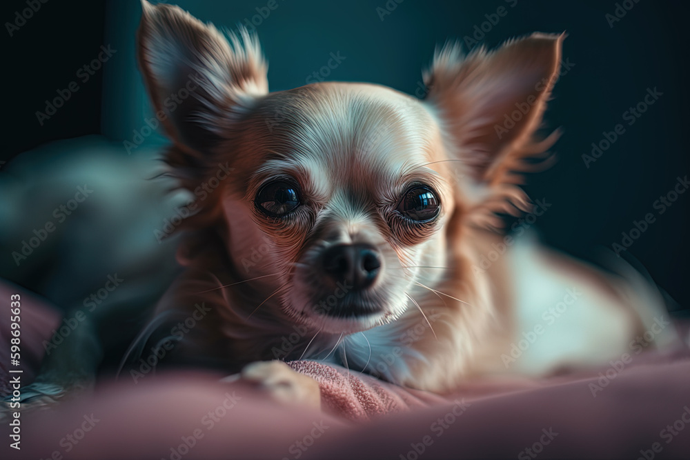 Tiny dog portrait. Cute fluffy puppy with big eyes. Generated AI.