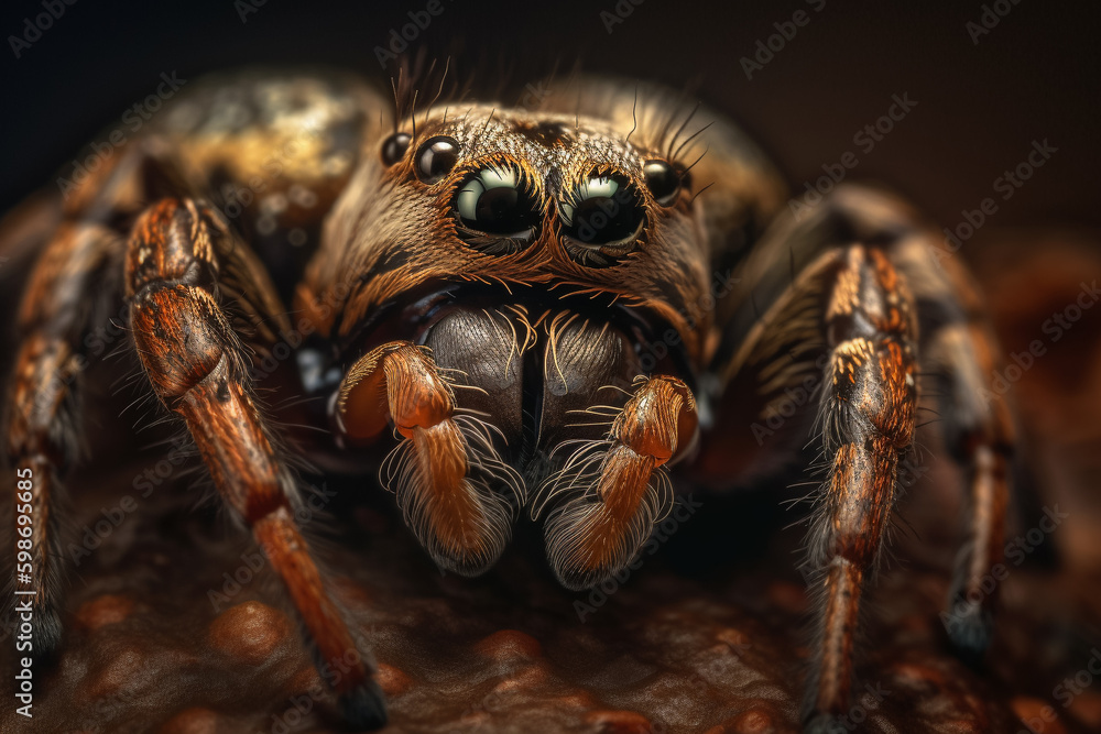 A spider with big eyes sits on a brown surface.. Generative Ai A spider with big eyes sits on a brown surface.. Generative Ai