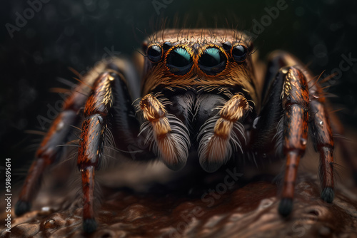 A spider with big eyes sits on a brown surface.. Generative Ai © Ayepeid