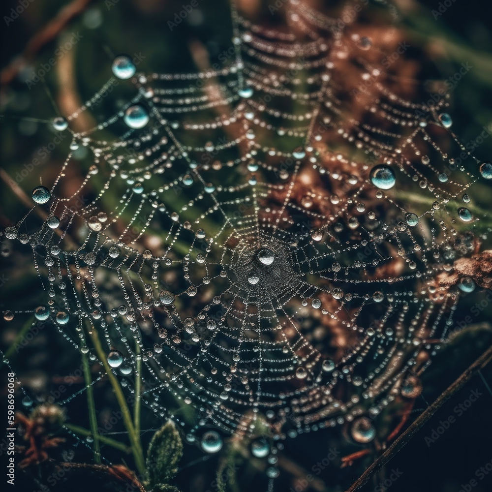 Naklejka premium spider web with dew drops by Generative AI