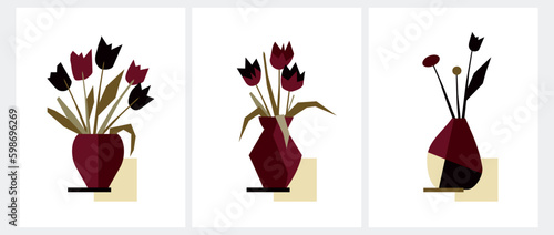 Simple Hand Drawn Floral Vector Print with Bouquete of Tulips in a Flowerpot isolated on a White Background. Infantile Style Abstract Blooming Flowers. Naive Floral Print ideal for Card, Wall Art.