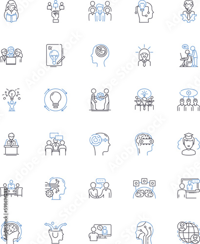 Thought-provoking minds line icons collection. Reflection  Contemplation  Inquiry  Insight  Musing  Philosophizing  Observing vector and linear illustration. Generative AI
