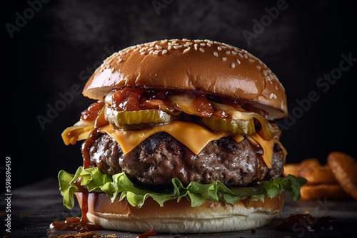 A burger with a side of lettuce and bacon on it. Generative Ai