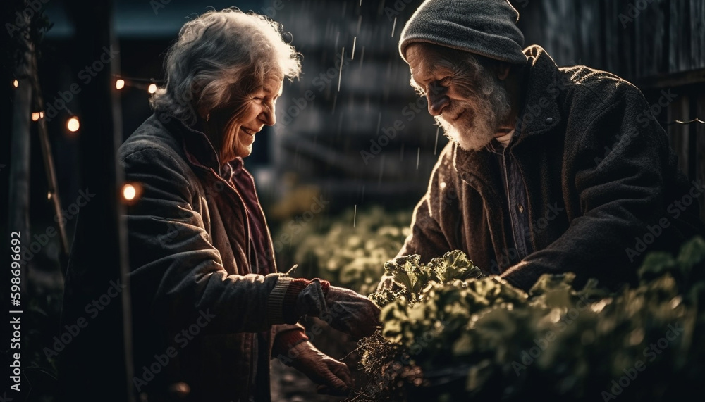 Smiling senior couple holding organic vegetable harvest generated by AI