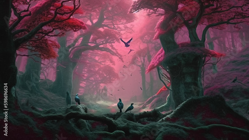 A pink forest with birds on the ground and a red tree in the background. generative ai