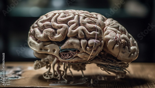 Human brain anatomy on wood table still life generated by AI