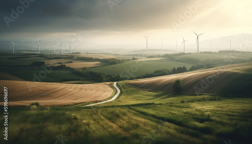 Wind turbines turning, powering sustainable rural growth generated by AI