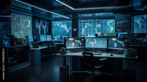 A room with a computer and monitors on it. generative ai