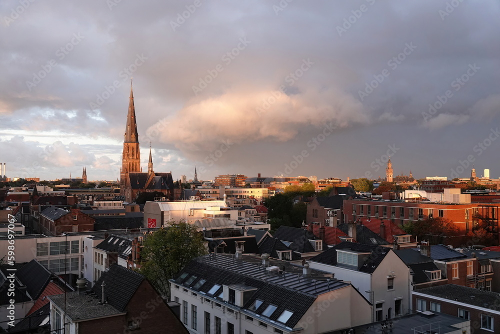 Early morning view across the rooftops of the skyline of the Hague in the Netherlands. 