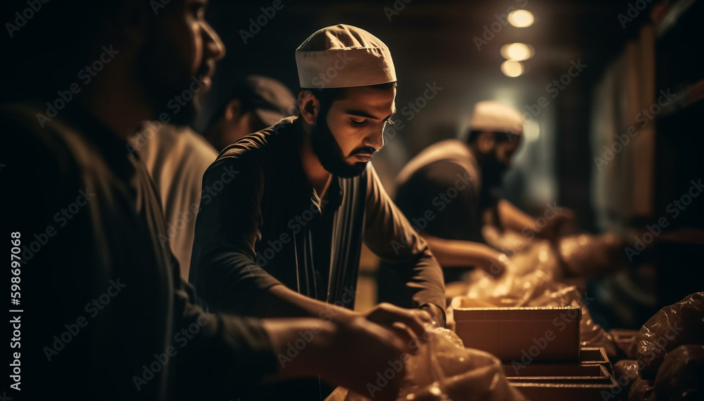 Adults working together in workshop with concentration generated by AI