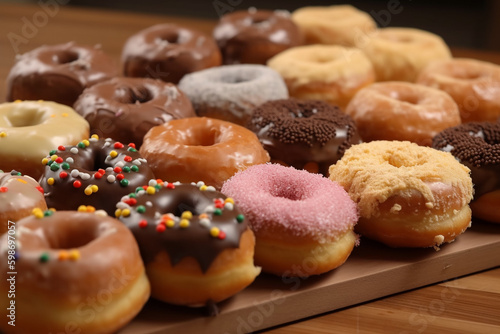 A display of doughnuts with different flavors on them. generative ai