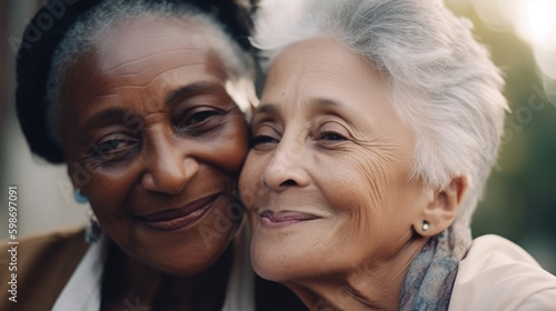 Old women lesbian couple. Black and Caucasian female in love. LGBT pride month celebration generative ai