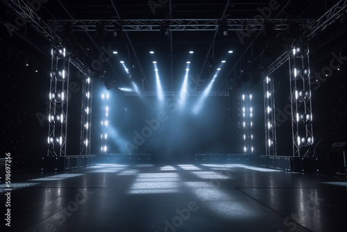 A large stage with lights on it and a black background. generative ai