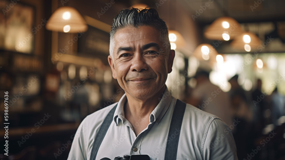 A man with a camera in his hands stands in a bar with a light hanging from the ceiling. generative ai A man with a camera in his hands stands in a bar with a light hanging from the ceiling. generative ai