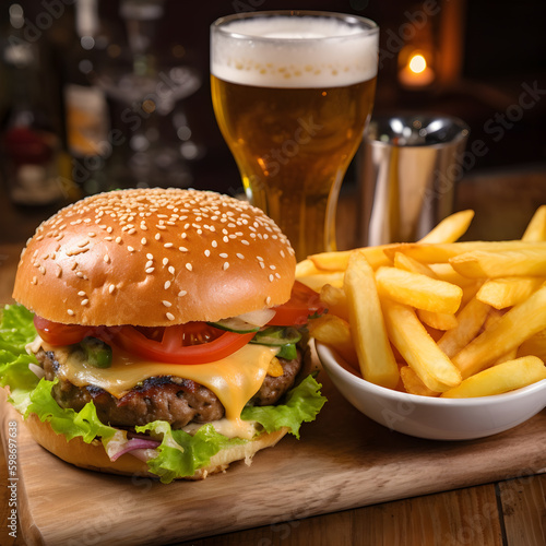 Beef burger served on rustic wooden plate with french fries and drink  fast food concept  generative AI content.