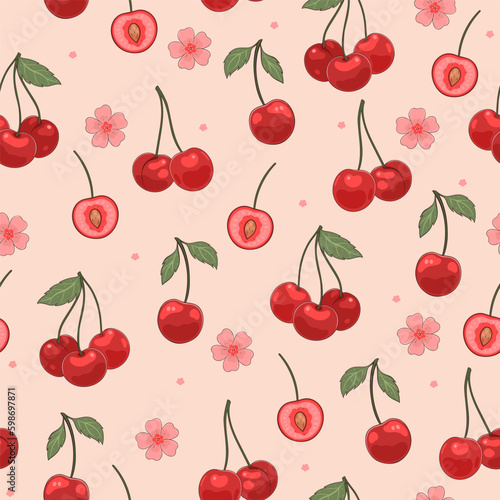 Seamless pattern with cherries and flowers. Vector graphics.