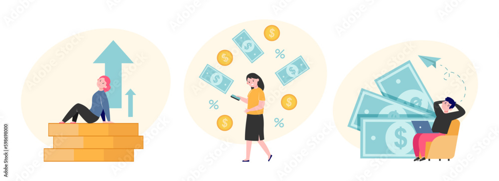 People with passive income vector illustrations set. Characters enjoying financial freedom and independence, planning budget while sitting at home. Passive income, finance concept Generative AI