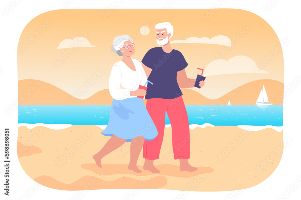 Senior couple walking on beach vector illustration. Happy elderly man and woman traveling, holding hands and enjoying drinks together. Summer, senior life, family concept Generative AI Senior couple walking on beach vector illustration. Happy elderly man and woman traveling, holding hands and enjoying drinks together. Summer, senior life, family concept Generative AI