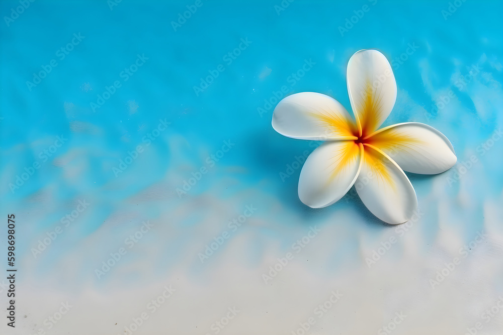 Plumeria flowers on the sand on a blue background, copy space, Generative AI 3 Plumeria flowers on the sand on a blue background, copy space, Generative AI 3