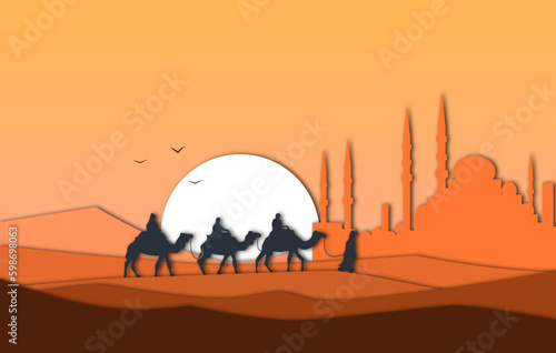 People with camels traveling on the background of sand dunes of the palace and sunset