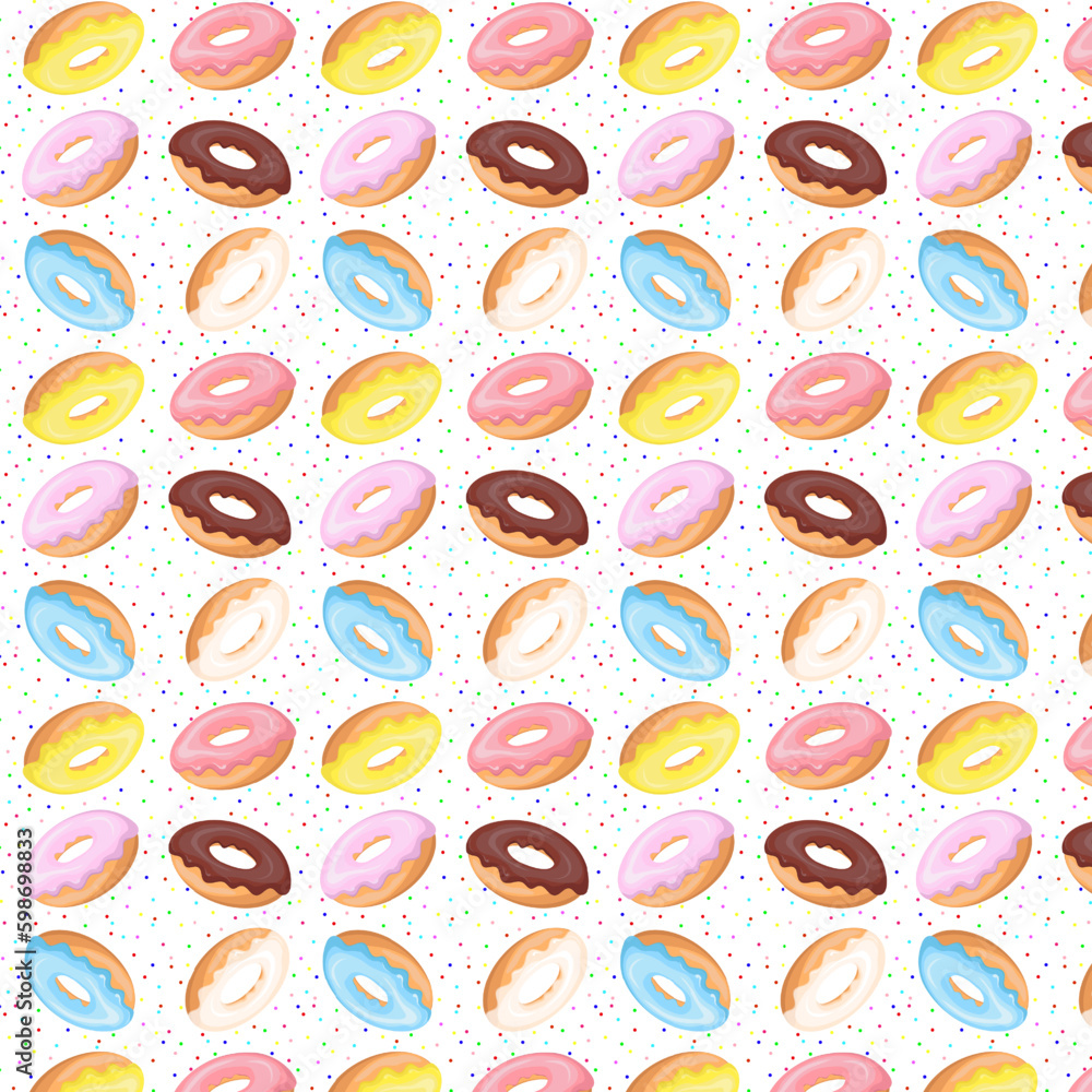 Colorful glazed donut seamless pattern. Sweet birthday pastry. Confectionery dessert. For menu design,cafe decoration,delivery box,textile,wallpaper,fabric,decor. Vector illustration in flat style