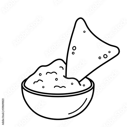 Nachos with guacamole. Traditional Mexican food. Corn tortilla chips and avocado sauce. Doodle sketch style. Vector illustration isolated on white background.