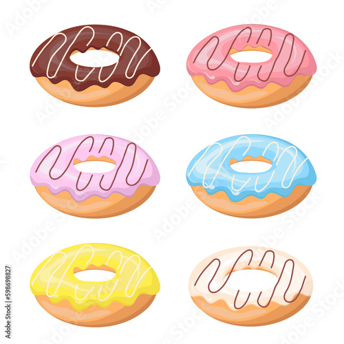 Colorful glazed donut set on white background. Set sweet birthday pastry. Confectionery dessert. For menu design, cafe decoration, delivery box. Vector illustration in flat style