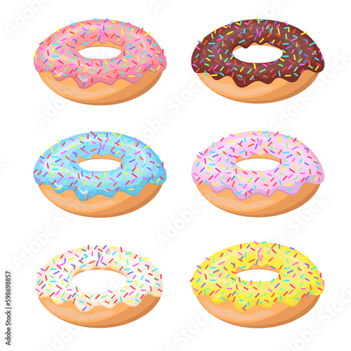 Colorful glazed donut set on white background. Set sweet birthday pastry. Confectionery dessert. For menu design, cafe decoration, delivery box. Vector illustration in flat style