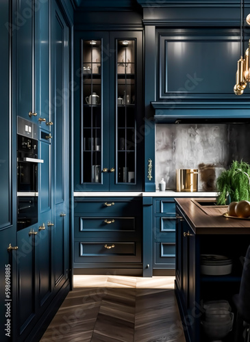 Stunning traditional dark blue luxury kitchen with in-frame cabinets in the english country style. Generative AI