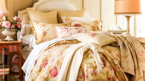 Plush bedding with romantic floral print in a cosy countryside bedroom. Generative AI