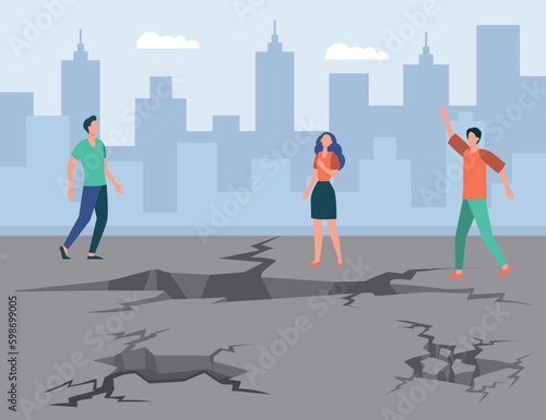 Scared people after earthquake vector illustration. Cracked ground or split terrain and survivors helping each other in city after catastrophe. Natural disaster, damage, destruction Generative AI