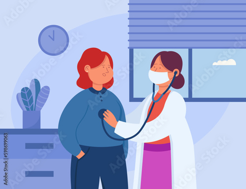 Medical checkup vector illustration. Female doctor examining young woman with stethoscope, asking for symptoms in hospital or clinic. Health care, medical check concept Generative AI